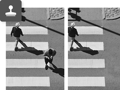 A before and after photo of people walking across a crosswalk. One of the people has been erased in the after photo.