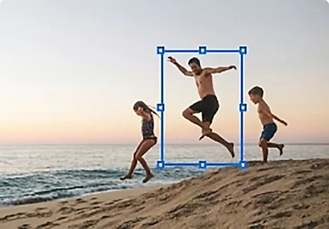 An image of a parent and two children running on the beach. The parent image is in its own layer and there is a bounding box around it.