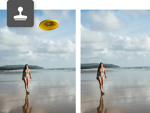 A before and after photo of a person on a beach with a frisbee in frame. The frisbee has been removed in the after photo.