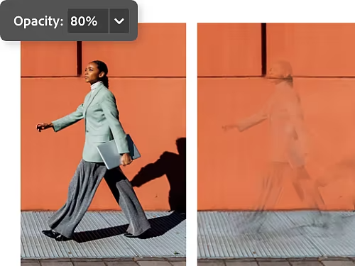 A before and after photo of a person walking. The opacity of the person has been decreased in the after photo.