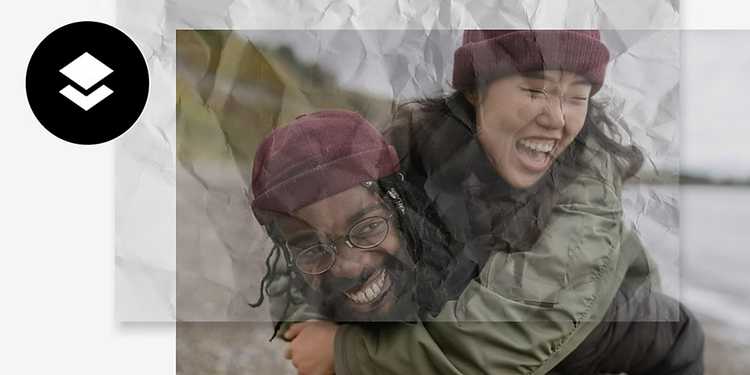 Two friends having fun on a cloudy beach with a transparent layer of crumpled paper texture partially overlaid