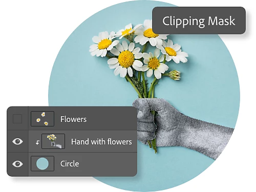 An example of the Clipping Mask feature applied to an image of a hand holding flowers.