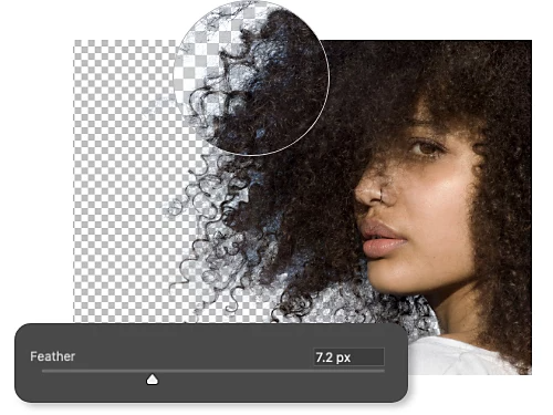 Feather slider superimposed on a photo of a person with curly hair.
