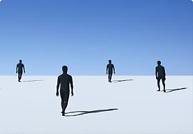 An image of four people standing in a barren landscape.