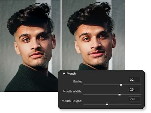 Face-Aware Liquify options superimposed on a before and after photo of a person's face. The person is frowning in the before photo and smiling in the after photo.
