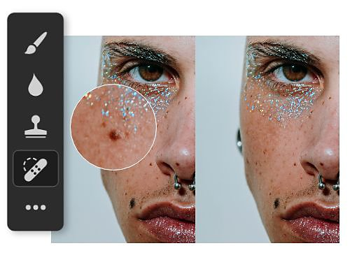 A photo of a person's face that is being edited with the Spot Healing Brush tool.