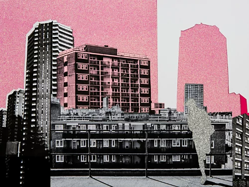 An example of a collage image featuring buildings in a city.