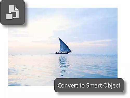 An image of a sailboat is converted to a Smart Object in Adobe Photoshop with dialog window overlaid