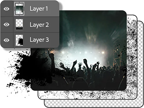 Grunge brush tools are applied showing the layers menu on a photo of a concert ground