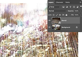 Elements from multiple photos are combined in a composite image with layers dialog box overlaid