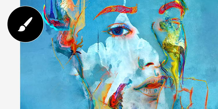 Stylized digital watercolor painting of a face in shades of blue with pops of red, yellow, and orange.