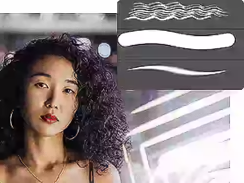 A person with voluminous black curly hair staring into the camera with style kit brushes overlaid