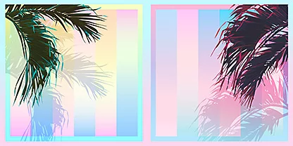 A pair of of symmetrical palm trees rendered in the style of Miami Vice inside striped squares