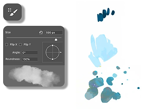 Photoshop brush settings menu and example watercolor brush strokes in multiple shades of blue.