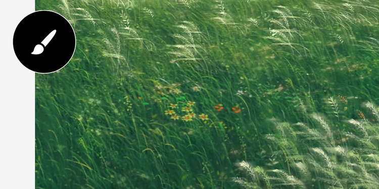 A field of tall, green grass blows in the wind with brush tool icon overlaid