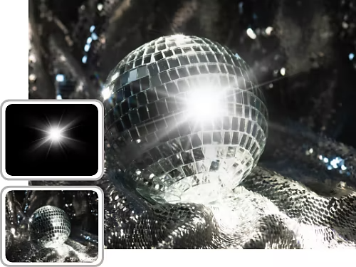 A photo of a disco ball with a sparkle effect added.