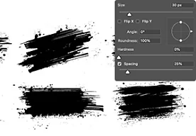 A mockup of Photoshop showing black grunge brushes being modified using the brush settings panel