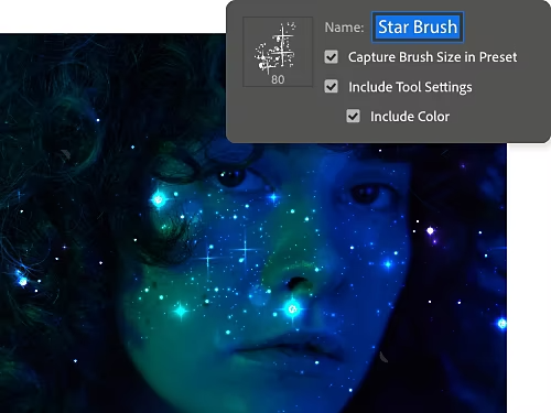 A photo of a person's face with a star brush effect added.
