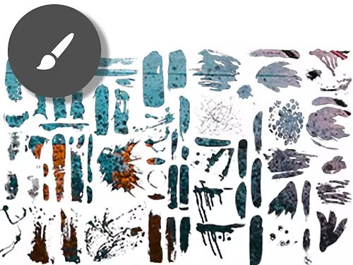 The brush tool is featured with a mockup of different grunge brushes with texture on a white background
