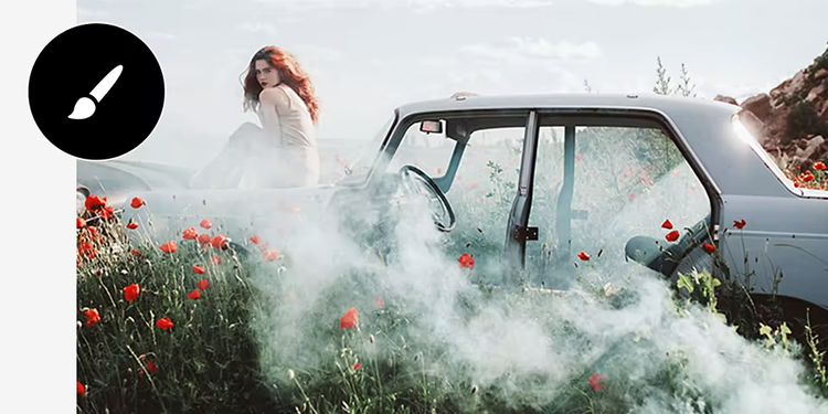 A model with a sultry look posing on the hood of a doorless car while vapor emanates from a field of flowers