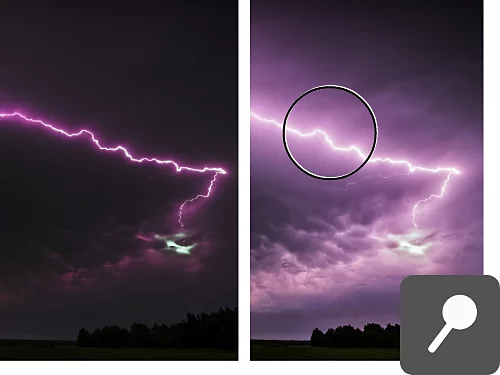 Dodge tool used to add a lighten effect to an image of a dark sky lit up with lightning.