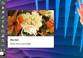 A mockup of Photoshop showing a photo of flowers being edited