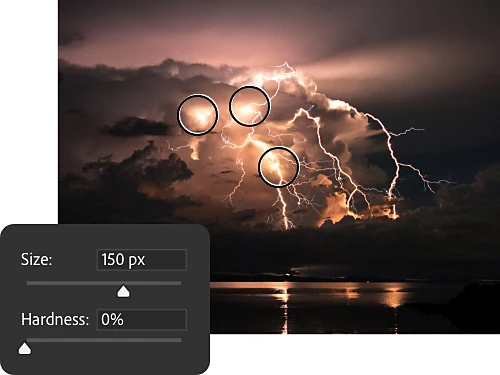 A soft brush used to adjust an image of lightning in the sky.