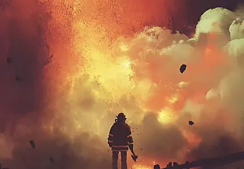An illustration of a firefighter standing in front of a fiery scene.