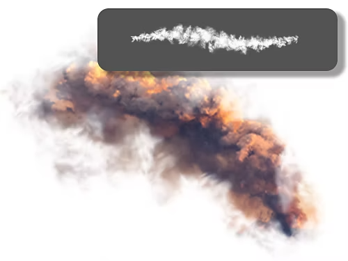 Dark smoke billowing out of a field of thick, fluffy white clouds with the Photoshop smoke brush overlaid