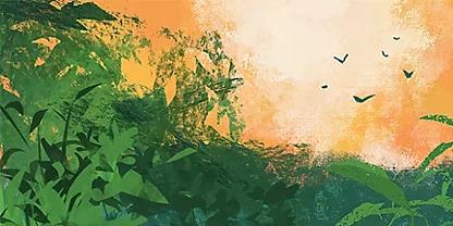 An orange and green landscape of vegetation created with the brushes of graphic artist Kyle T. Webster