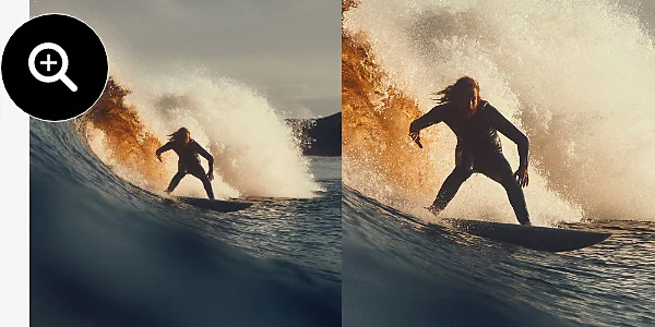 A before and after images of a surfer. The after image is more zoomed in than the before image.