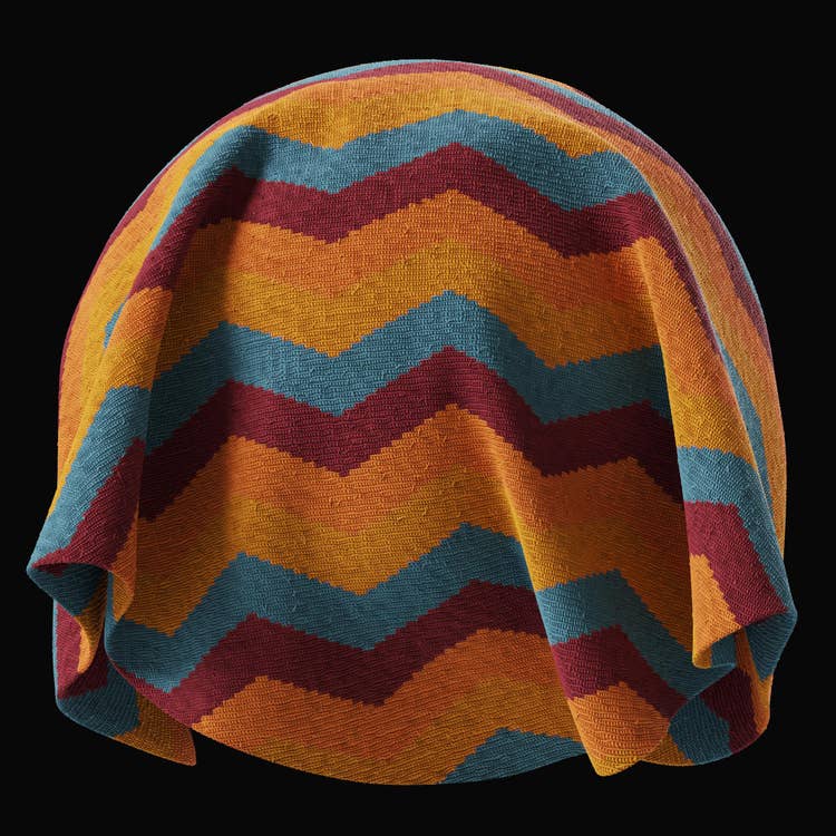 rendered fabric sample in a chevron pattern featuring orange, yellow, maroon, and turquoise