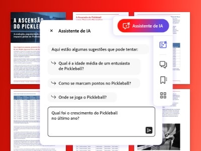 Captura de tela mostrando a janela pop-up do Assistente de IA do Acrobat com sugestões de perguntas para fazer ao documento.