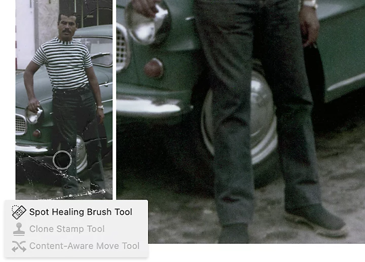 An old photo of a person leaning on a car being restored in Adobe Photoshop using the Spot Healing Brush tool