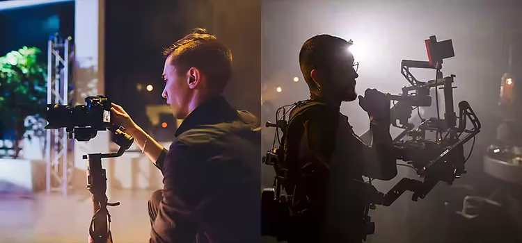 Duas fotos lado a lado de pessoas usando estabilizadores de câmera em diferentes locais de produção e demonstrando videografia vs. cinematografia