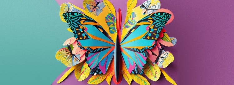 butterfly graphic on a teal and purple background