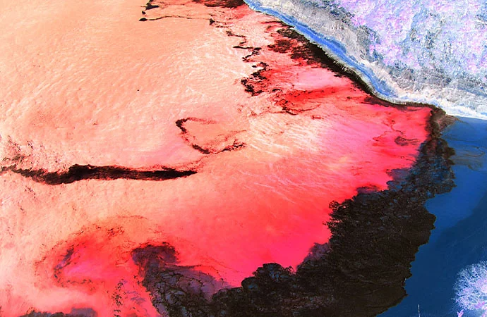 An aerial photo of a beach with its colours inverted