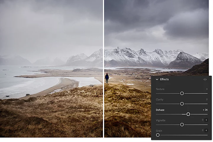 The Adobe Photoshop Lightroom effects menu pane superimposed over an image split down the middle with different effects applied to both sides