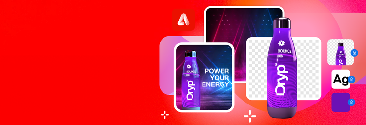 A collage of images showing a brand graphic and its design components. The final graphic shows a purple energy drink bottle with the words “Power your energy.” Components include the bottle graphic, a transparent background, a font, and a purple color swatch.