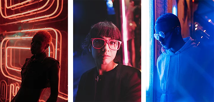 Three portrait photos of people next to a neon light