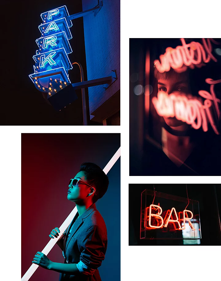 A collage of multiple photos of neon lights and portraits of people next to a neon light