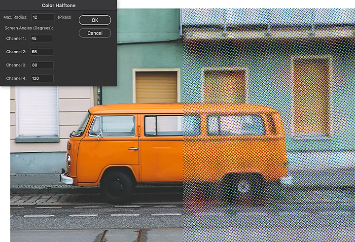 The Adobe Photoshop halftone effect menu superimposed over a split image of a van, part of which has a halftone effect applied to it