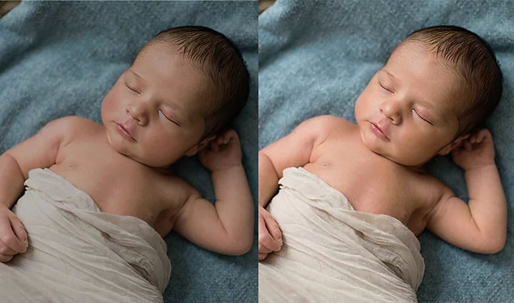 Before and after of a newborn baby photo edited in Adobe Photoshop Lightroom