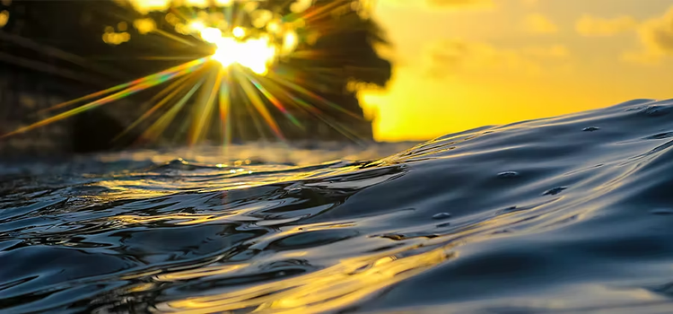 A close-up photo of an ocean wave and the sun setting in the background