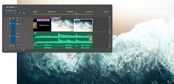 The Adobe Premiere Pro sequence interface transposed over video of aerial view of beach