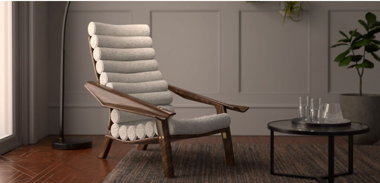 3D interior design rendering of a chair and staged environment.