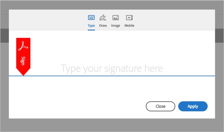 Screenshot of a pop-up window with an Acrobat signature field that reads “Type your signature here.