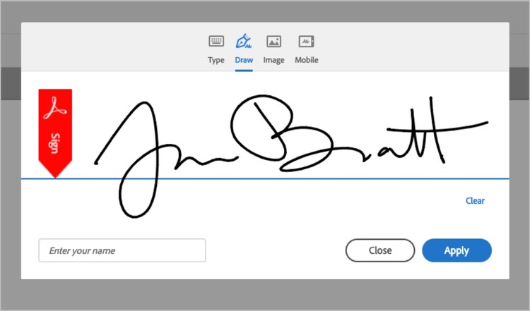 Screenshot of a pop-up window with an Acrobat signature field and a drawn signature on it.