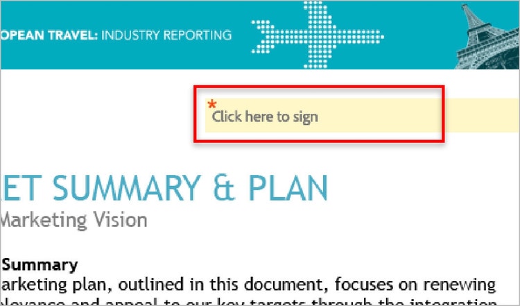 Screenshot of a document with a "Click here to sign" field in the upper-right corner, marked up by a red box.