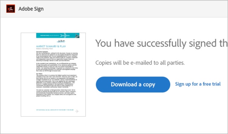 Screenshot of a pop-up window with a document on the left and a confirmation message on the right that the document has been successfully signed, as well as a CTA button to download a copy.